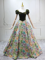 A-Line Short Sleeves Green Long Formal Prom Dresses, Printed Satin Green Long Prom Dresses