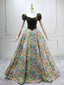 A-Line Short Sleeves Green Long Formal Prom Dresses, Printed Satin Green Long Prom Dresses