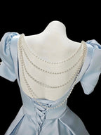 A-Line Short Sleeves Satin Blue Short Formal Prom Dresses With Beads