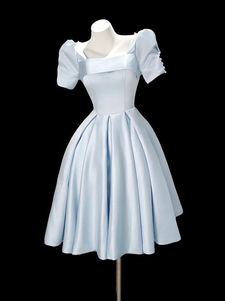 A-Line Short Sleeves Satin Blue Short Formal Prom Dresses With Beads Main image