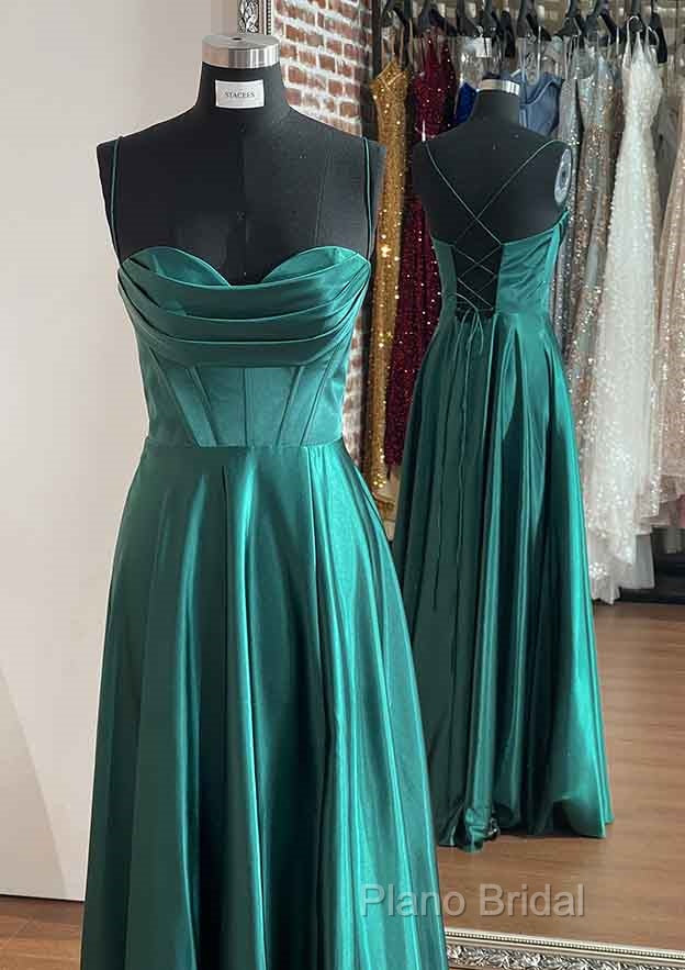 A-Line Silk Like Emerald Green Satin Formal Prom Dresses Ruched Pleated Secondary image