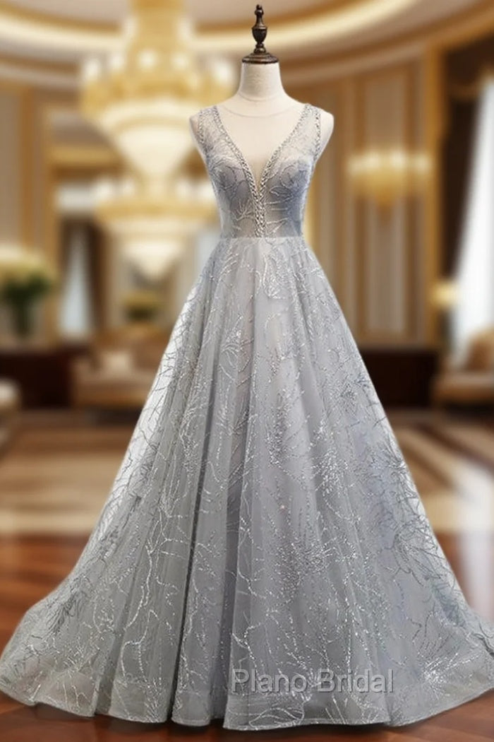 A-Line Silver Gray Tulle Sequins See Through V-neck Backless Formal Prom Dresses