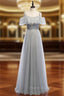 A-Line Silver Gray Tulle Sequins Spaghetti Straps Formal Prom Dresses