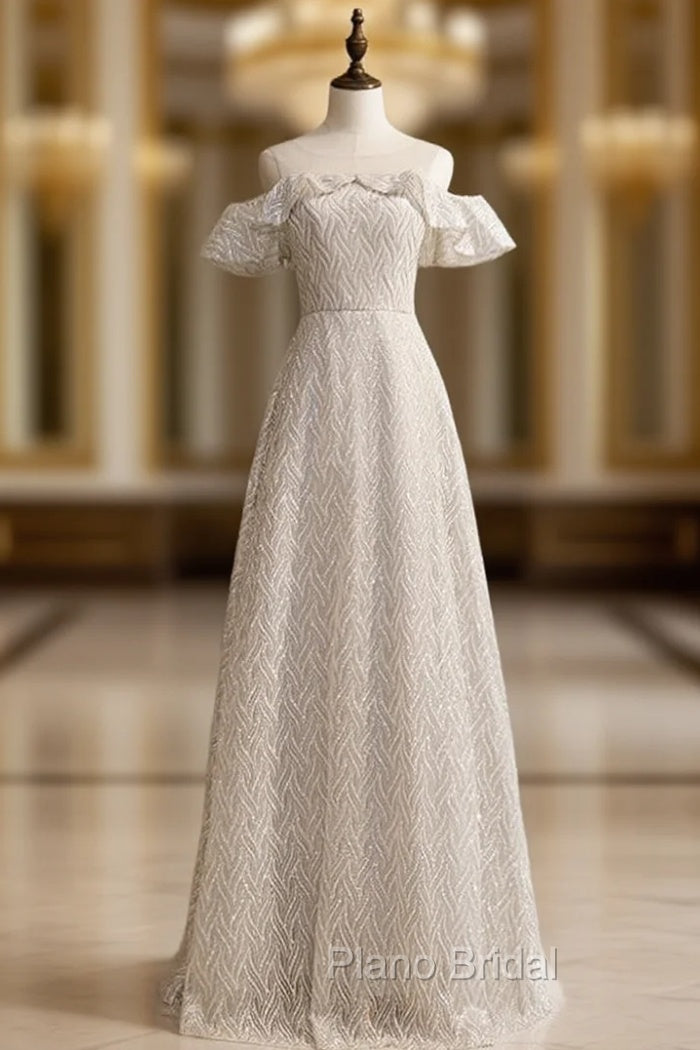 A-Line Silver Sequins Bateau Neck Long Formal Prom Dresses