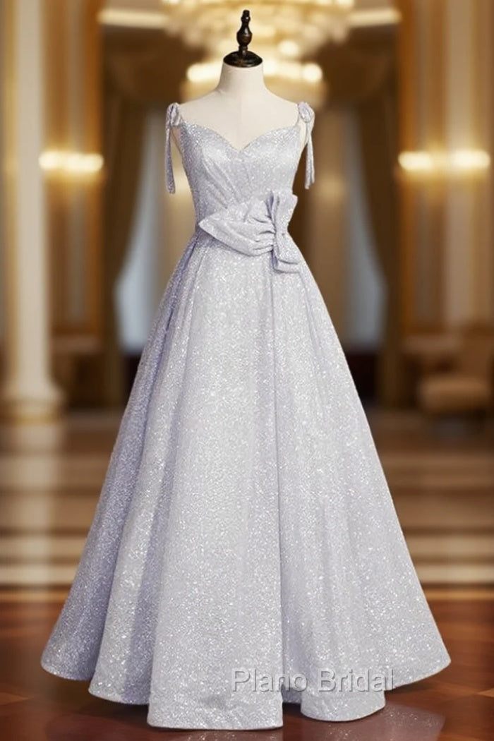 A-Line Silver Sequins Spaghetti Straps Formal Prom Dresses With Bow