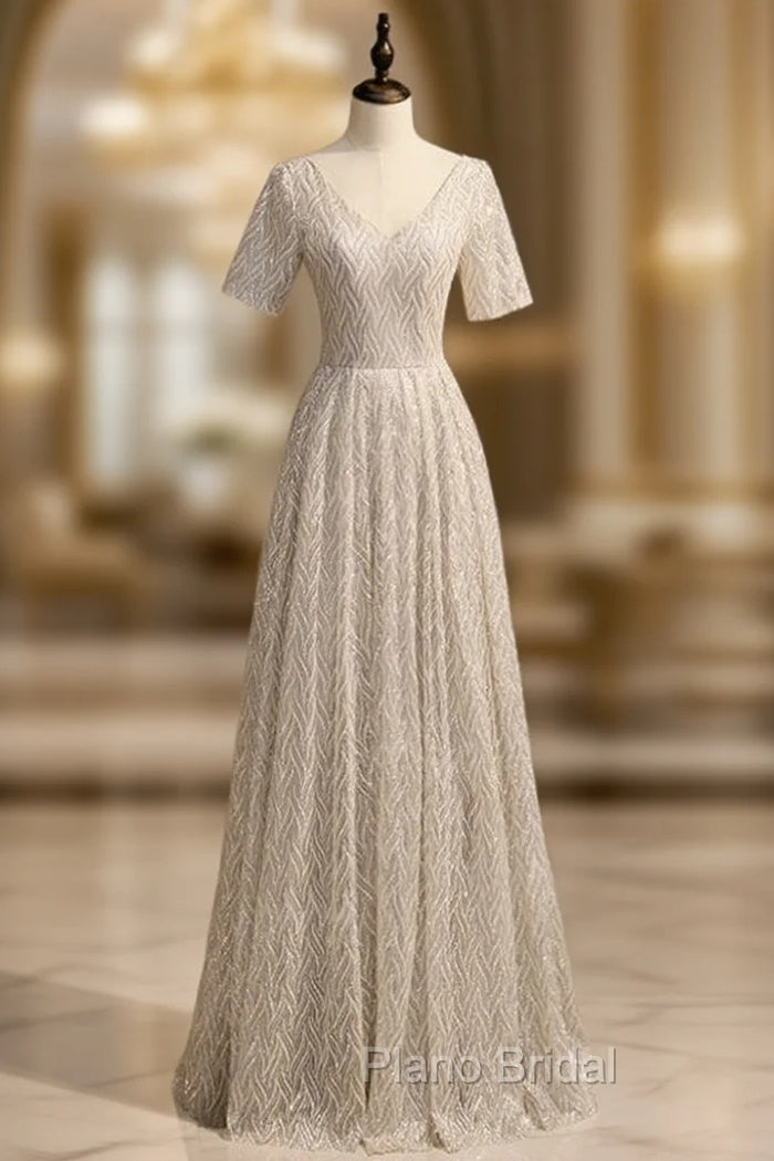 A-Line Silver Sequins V-neck Short Sleeve Formal Prom Dresses Main image