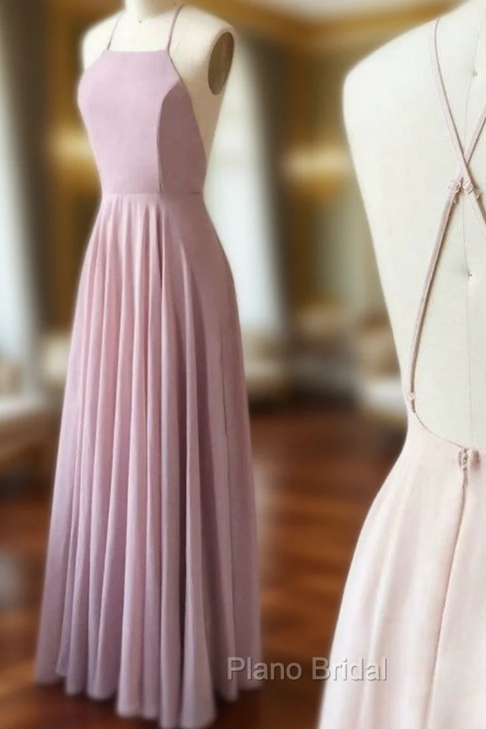 A-Line Simple Pink Chiffon Halter Crosed Straps Formal Prom Dresses