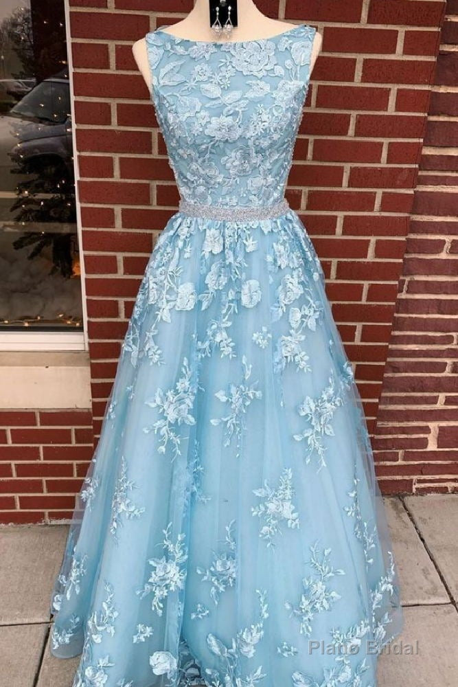 A-line Sky Blue Prom Dress Long Sleeveless Graduation Gown,Prom Dresses Main image