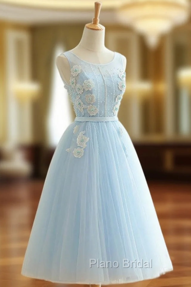 A-Line Sky Blue Tulle Backless Appliques Homecoming Dresses With Pearls Main image