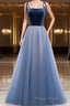 A Line Sleeveless Floor Length Blue Formal Prom Dresses, Blue Long Formal Bridesmaid Evening Dresses
