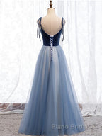 A Line Sleeveless Floor Length Blue Formal Prom Dresses, Blue Long Formal Bridesmaid Evening Dresses