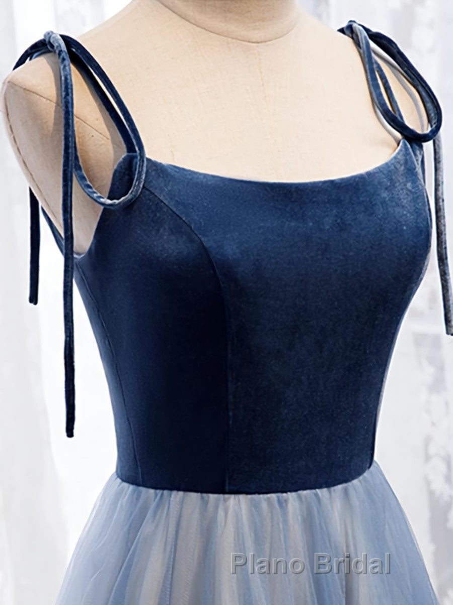 A Line Sleeveless Floor Length Blue Formal Prom Dresses, Blue Long Formal Bridesmaid Evening Dresses