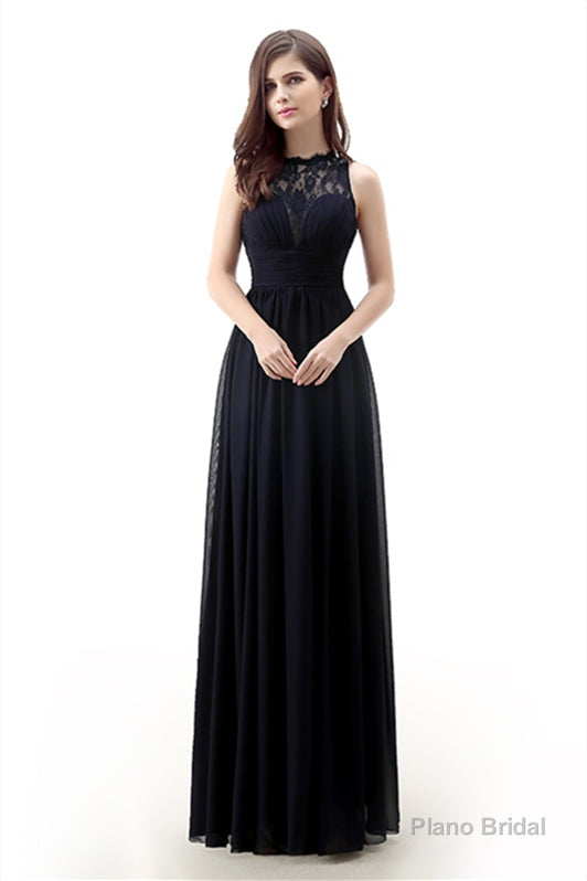 A Line Sleeveless Lace Chiffon Long Black Prom Dresses Main image