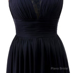 A Line Sleeveless Lace Chiffon Long Black Prom Dresses