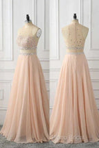 A Line Sleeveless Rhinestone Chiffon Long Formal Prom Dresses Floor Length Sparkly