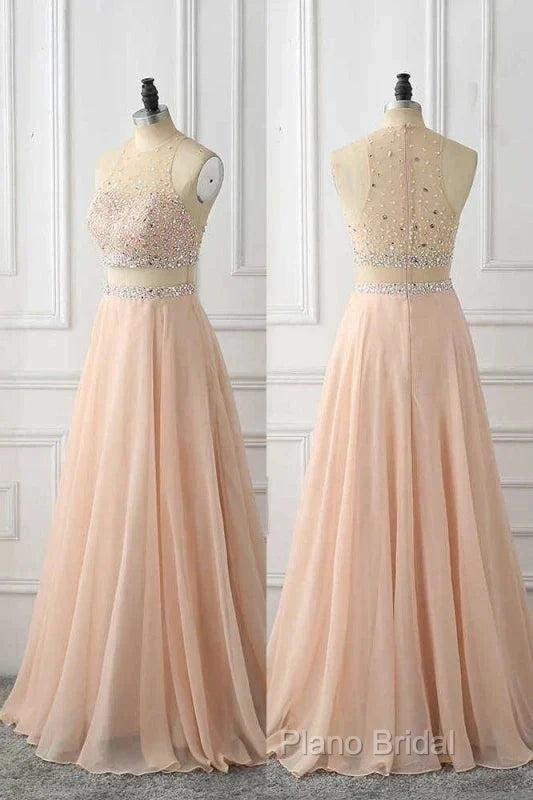 A Line Sleeveless Rhinestone Chiffon Long Formal Prom Dresses Floor Length Sparkly