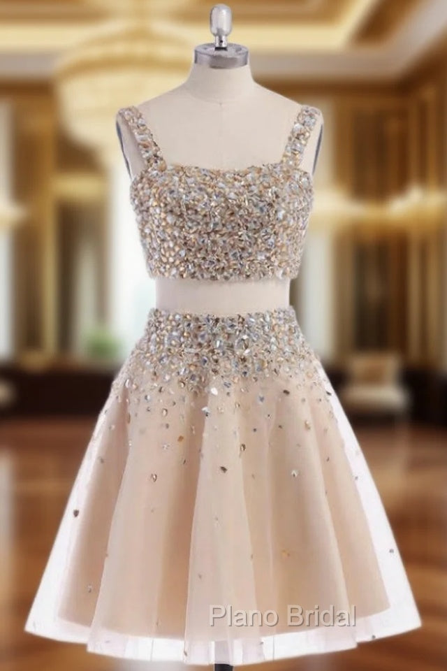 A-line Sleeveless Short Straps Crystal Homecoming Dresses