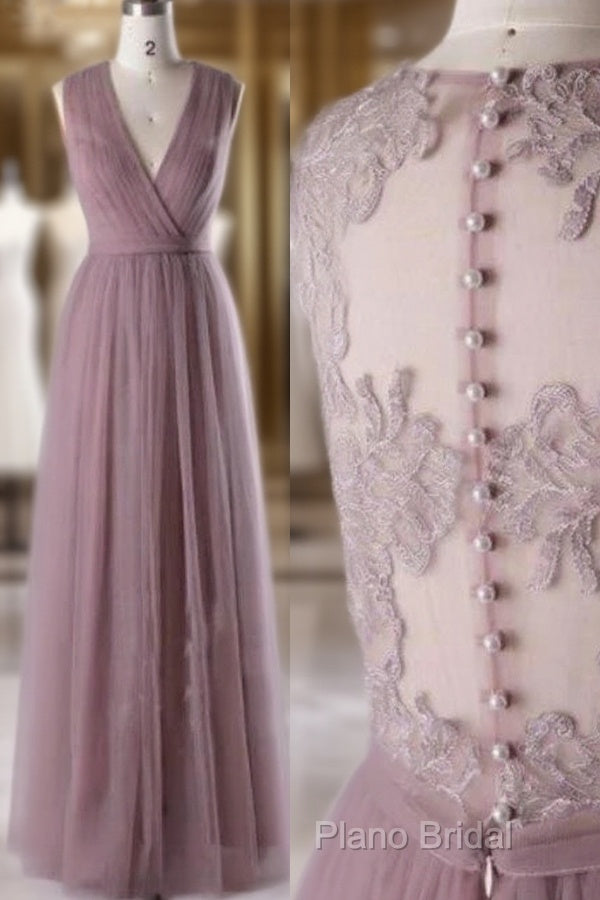 A-Line Sleeveless Tulle Sheath V Neck Tulle Lace Bridesmaid Dresses Main image