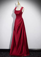 A-Line Sleeveless Wine Red Satin Formal Evening Dresses, Wine Red Long Formal Prom Dresses