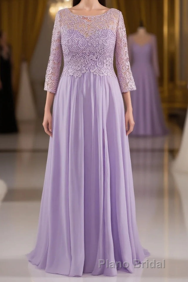 Lilac A-Line 3/4 Sleeves Scoop Lace Formal Prom Dresses