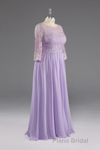Lilac A-Line 3/4 Sleeves Scoop Lace Formal Prom Dresses