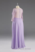 Lilac A-Line 3/4 Sleeves Scoop Lace Formal Prom Dresses