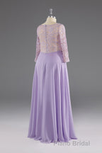 Lilac A-Line 3/4 Sleeves Scoop Lace Formal Prom Dresses