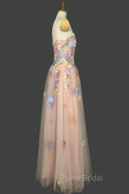 A Line Spaghetti Corset Formal Prom Dresses With 3D Flowers Evening Dresses