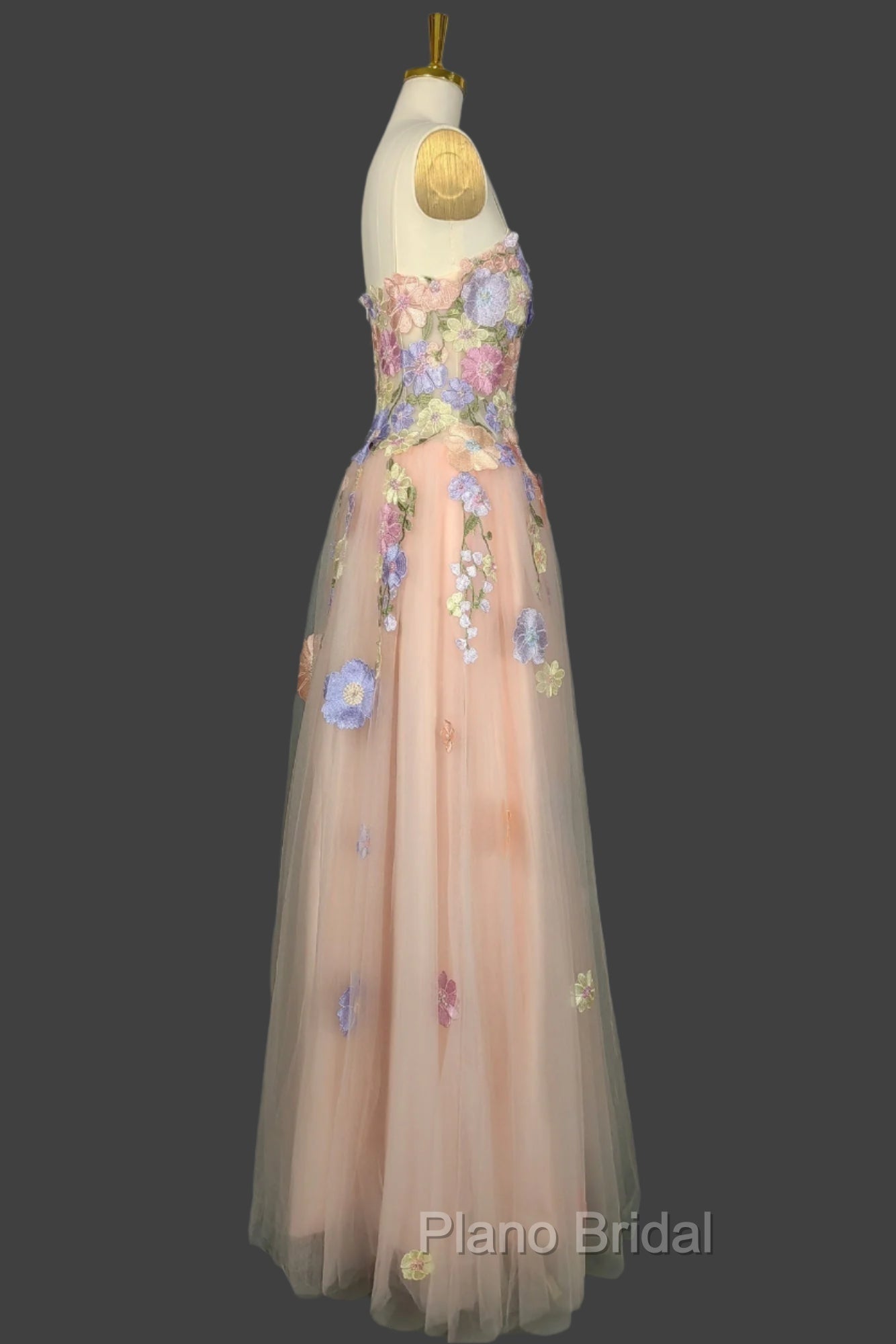 A Line Spaghetti Corset Formal Prom Dresses With 3D Flowers Evening Dresses