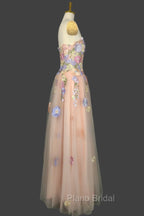 A Line Spaghetti Corset Formal Prom Dresses With 3D Flowers Evening Dresses