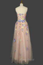 A Line Spaghetti Corset Formal Prom Dresses With 3D Flowers Evening Dresses