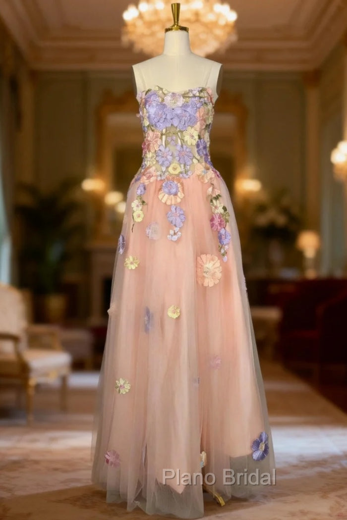 A Line Spaghetti Corset Formal Prom Dresses With 3D Flowers Evening Dresses Main image