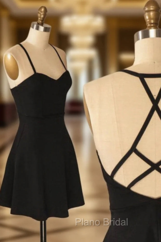 A-Line Spaghetti Criss-Cross Straps Satin Black Homecoming Dresses With Pleats Main image