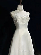 A-Line Spaghetti Strap Beaded Satin Long Formal Prom Dresses White Wedding Dresses Graduation Formal Prom Dresses