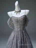 A-Line Spaghetti Strap Mesh Sequin Long Formal Prom Dresses Graduation Formal Prom Adult Ceremony Dresses