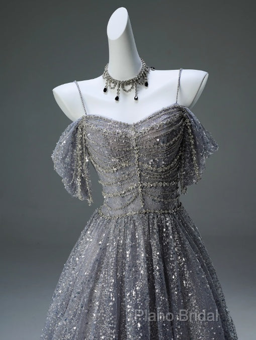 A-Line Spaghetti Strap Mesh Sequin Long Formal Prom Dresses Graduation Formal Prom Adult Ceremony Dresses