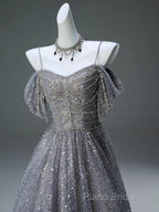 A-Line Spaghetti Strap Mesh Sequin Long Formal Prom Dresses Graduation Formal Prom Adult Ceremony Dresses