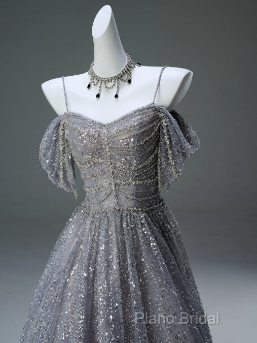 A-Line Spaghetti Strap Mesh Sequin Long Formal Prom Dresses Graduation Formal Prom Adult Ceremony Dresses