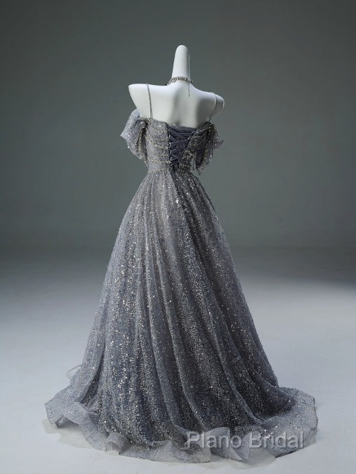 A-Line Spaghetti Strap Mesh Sequin Long Formal Prom Dresses Graduation Formal Prom Adult Ceremony Dresses