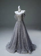 A-Line Spaghetti Strap Mesh Sequin Long Formal Prom Dresses Graduation Formal Prom Adult Ceremony Dresses