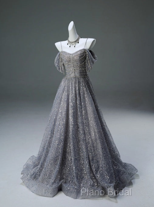 A-Line Spaghetti Strap Mesh Sequin Long Formal Prom Dresses Graduation Formal Prom Adult Ceremony Dresses