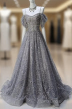 A-Line Spaghetti Strap Mesh Sequin Long Formal Prom Dresses Graduation Formal Prom Adult Ceremony Dresses