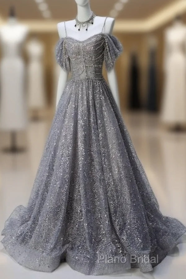 A-Line Spaghetti Strap Mesh Sequin Long Formal Prom Dresses Graduation Formal Prom Adult Ceremony Dresses