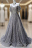 A-Line Spaghetti Strap Mesh Sequin Long Formal Prom Dresses Graduation Formal Prom Adult Ceremony Dresses