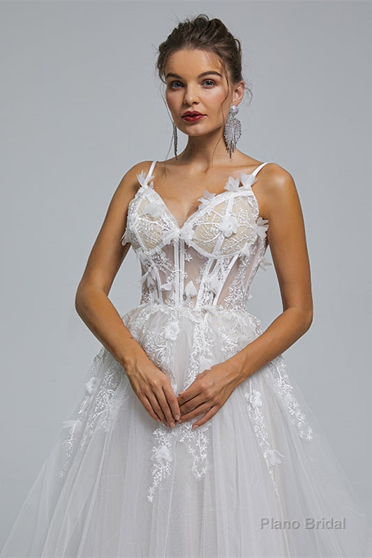 A-Line Spaghetti Strap Sweetheart Tulle Applique Floor-Length Sleeveless Wedding Dresses Main image