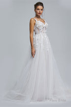 A-Line Spaghetti Strap Sweetheart Tulle Applique Floor-Length Sleeveless Wedding Dresses