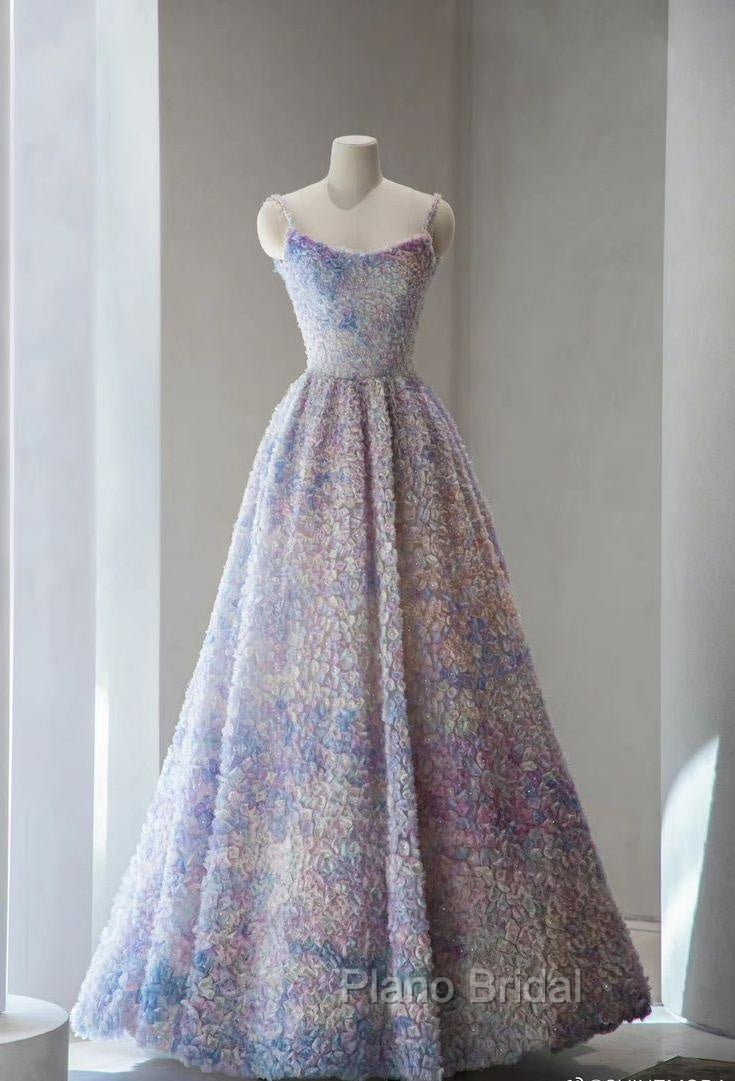 A-Line Spaghetti Strap Tulle Applique Long Formal Prom Dresses Adult Ceremony Birthday Dresses