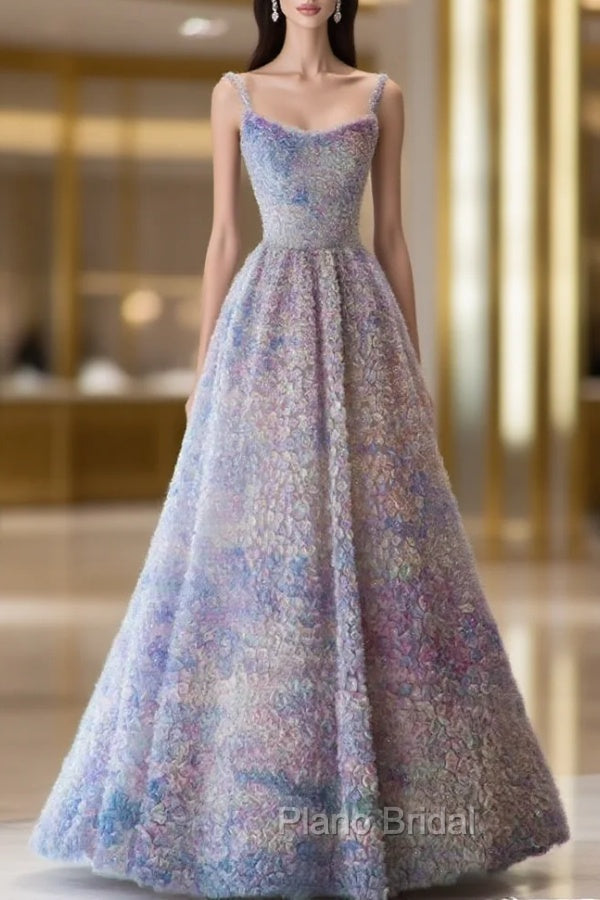 A-Line Spaghetti Strap Tulle Applique Long Formal Prom Dresses Adult Ceremony Birthday Dresses Main image