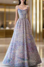 A-Line Spaghetti Strap Tulle Applique Long Formal Prom Dresses Adult Ceremony Birthday Dresses