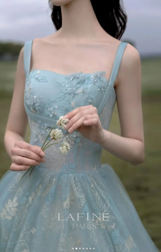 Chic Spaghetti Straps A-Line Embroidery Satin Tulle Long Prom Dresses,Sweet 16 Dress With Appliqué
